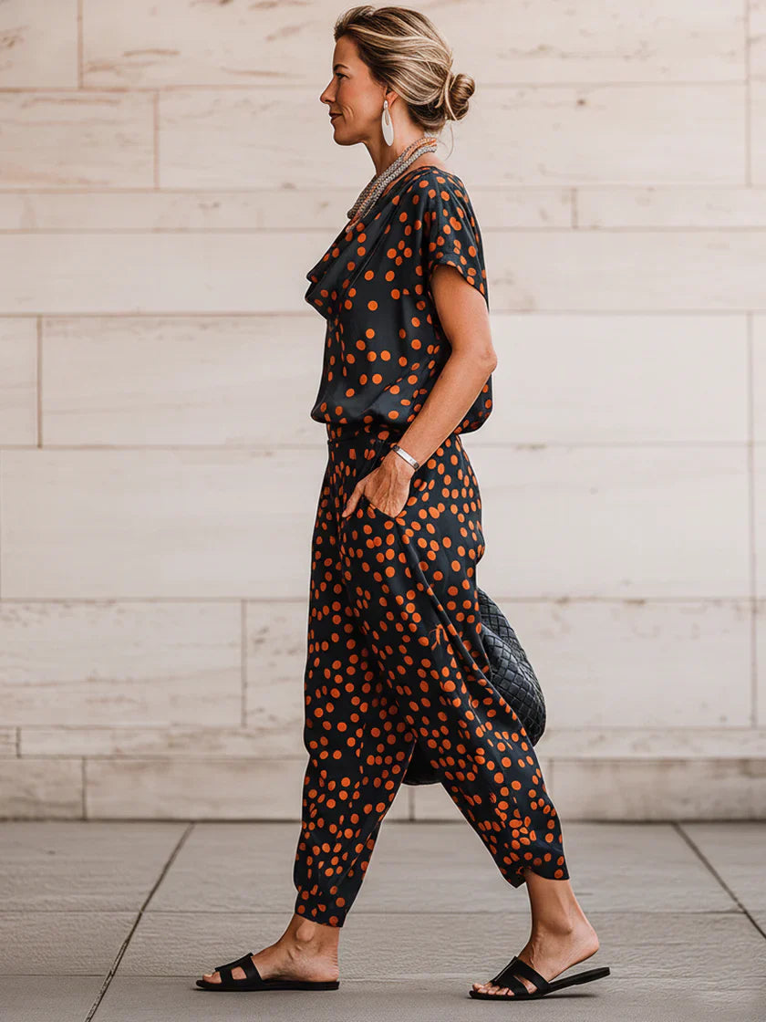 Casual &amp; Cozy Polka-dot Cowl-neck Top And Pants Two-piece Set
