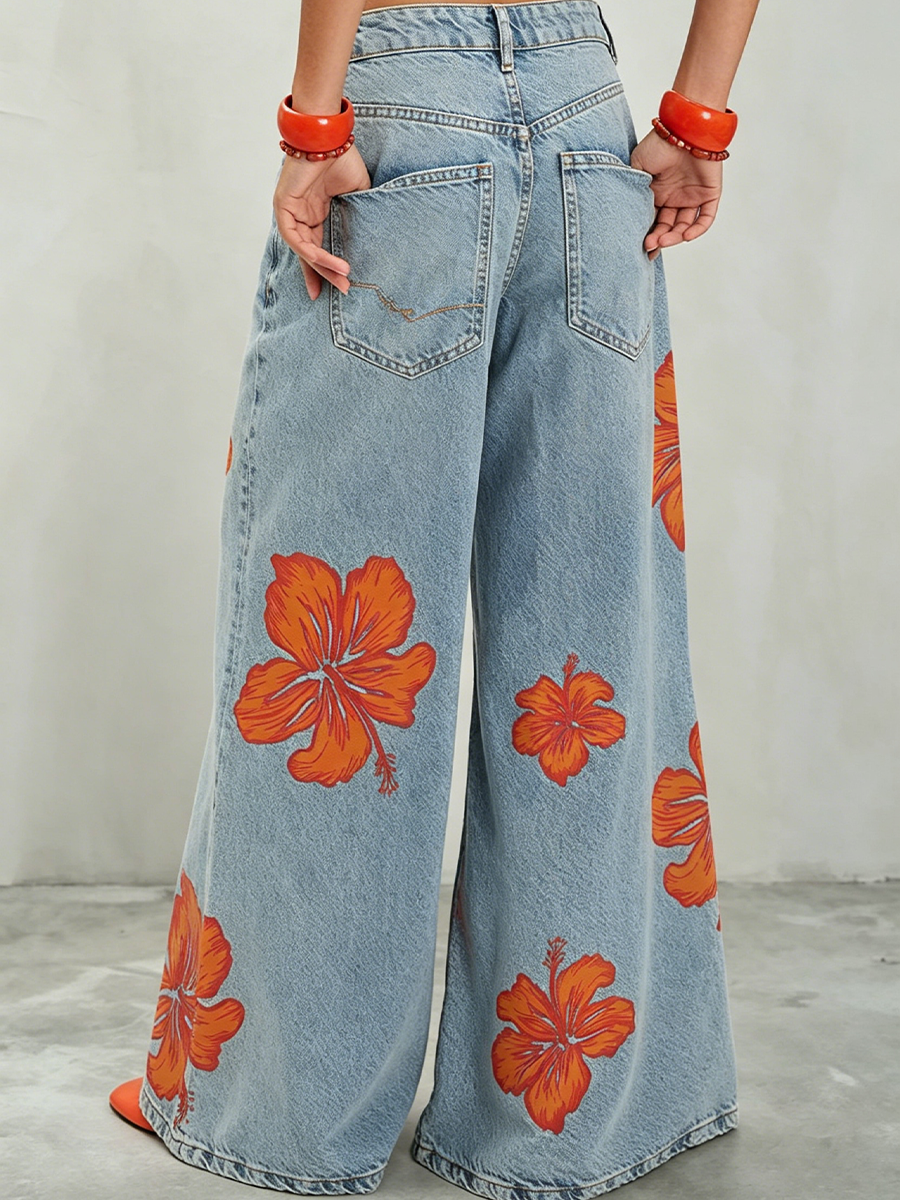 Light-wash Floral-print Wide-leg Jeans