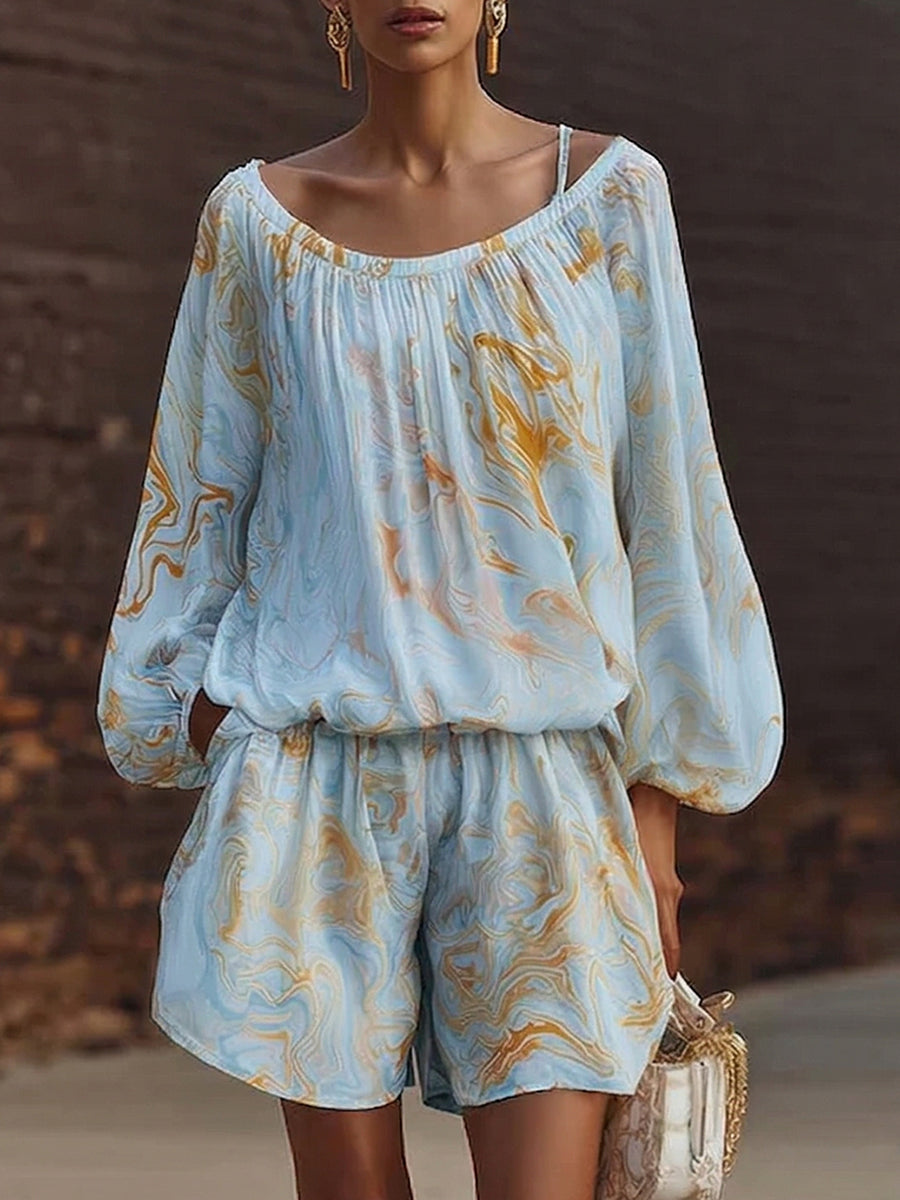 Boho Vintage Print Shirt &amp; Shorts Two-piece Set
