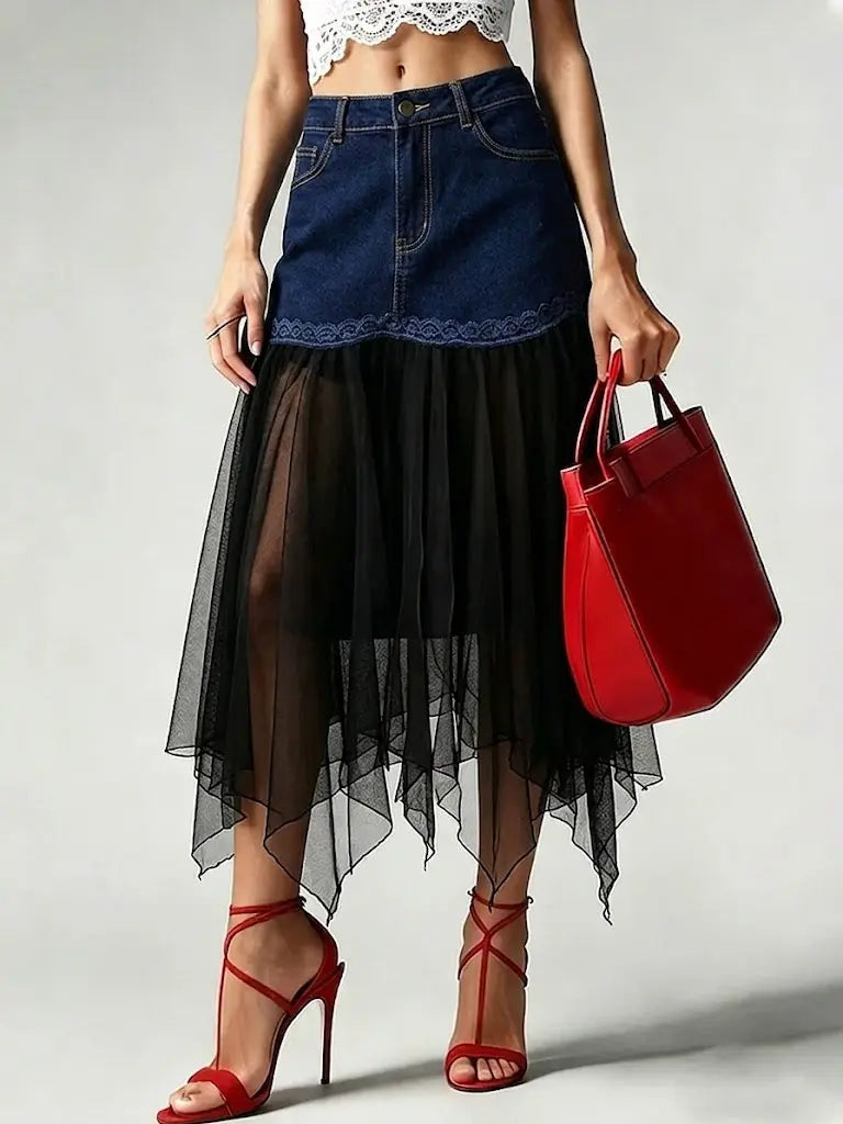 Stylish Casual Spliced mesh Denim Skirt