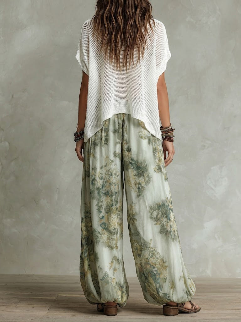 White Crochet Knit Crop Top &amp; Light Green Ink Floral Print Elastic Waist Lantern Pants Set