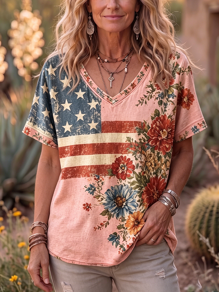Retro Floral Print Cotton T-shirt
