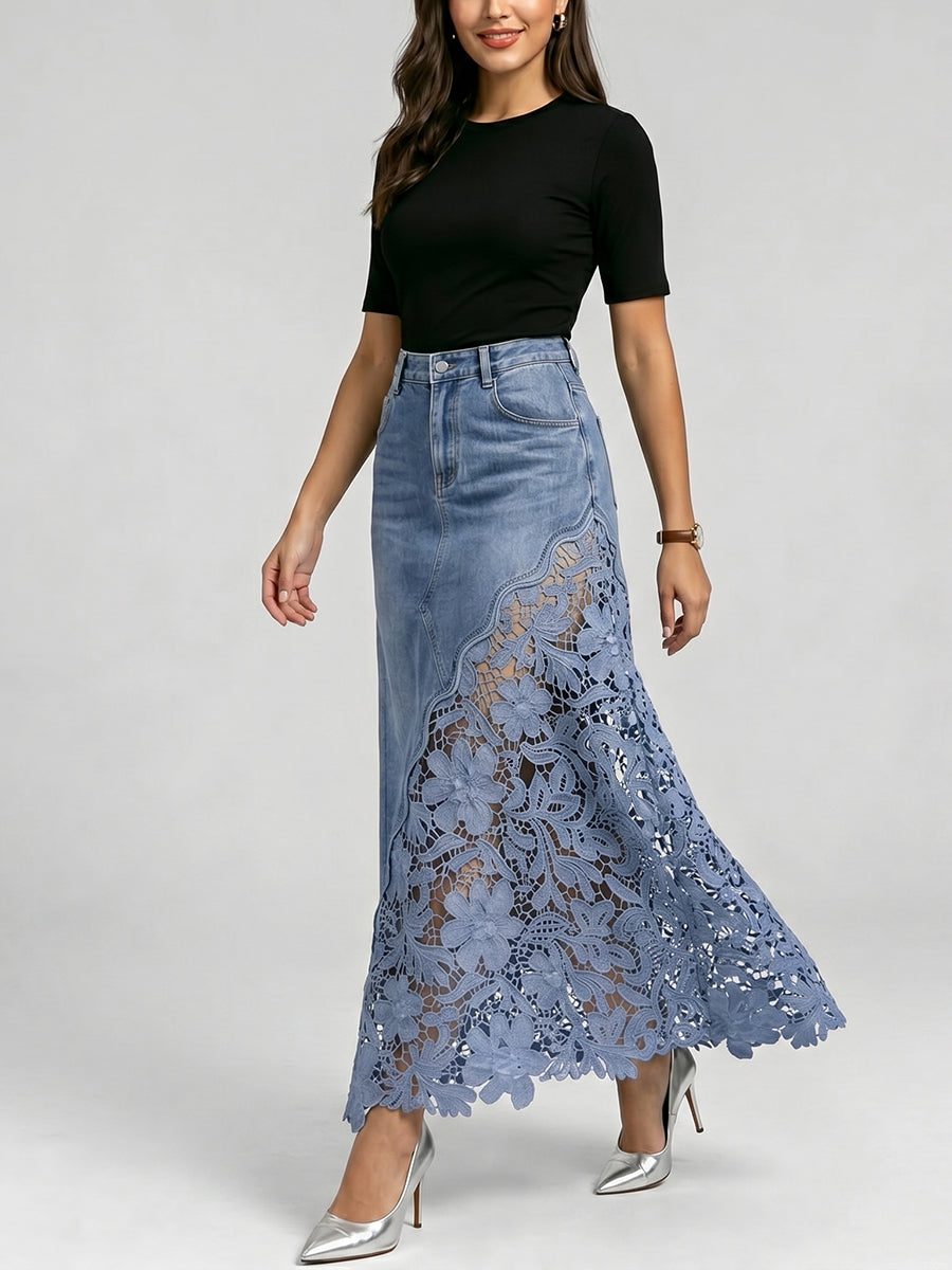 Stylish &amp; Sexy Lace-paneled Cutout Denim Skirtv