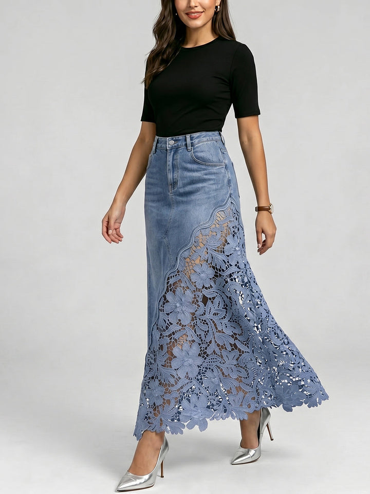Stylish &amp; Sexy Lace-paneled Cutout Denim Skirtv