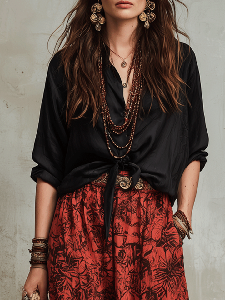 Button-down Shirt + Botanical Print Wide-leg Pants Set