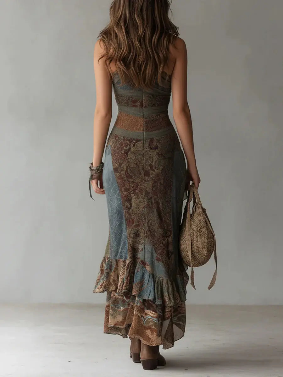 Boho Off-shoulder Asymmetrical Ruffled Hem Stretch Dress