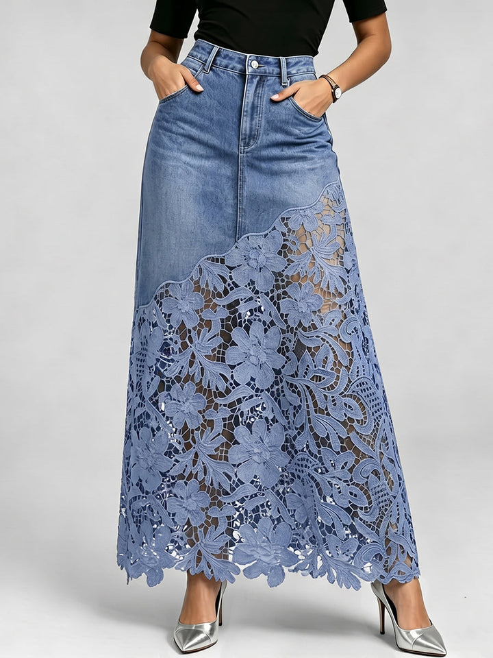 Elegant &amp; Sexy Denim Skirt With Floral Lace Hem