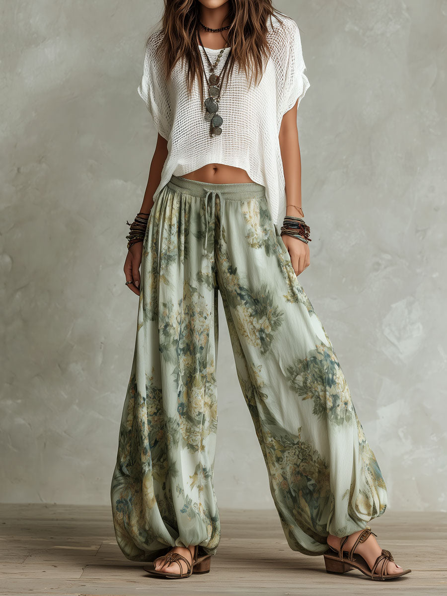 White Crochet Knit Crop Top &amp; Light Green Ink Floral Print Elastic Waist Lantern Pants Set